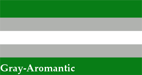 lesbiandoe's original 2014 Gray-Aromantic flag artwork: five horizontal stripes in dark green, gray, white, gray, and dark green, with the caption Gray-Aromantic in the bottom stripe