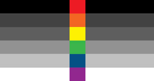 The original heteroflexible flag as published in February 2015: six greyscale bands crossed at the centre by a vertical band of six rainbow blocks.