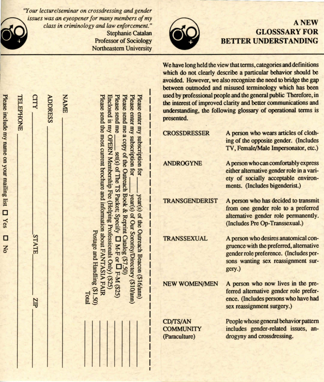 A printed glossary listing crossdresser, androgyne, transgenderist and transsexual with a short definition beside each.