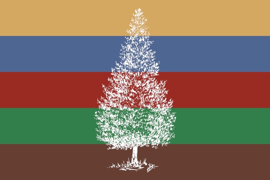 Indigiqueer pride flag variant by lvxlvn: the five stripes with a white cedar tree drawn across their centre.