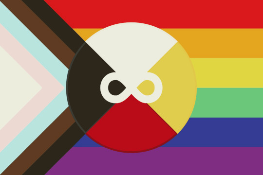 The Metis variant of cedar-maw's Indigiqueer flag, with a Metis Infinity symbol placed in the black quadrant of the medicine wheel over the Progress Pride base.
