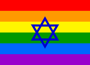 Six rainbow stripes with a blue Star of David outlined at the centre.