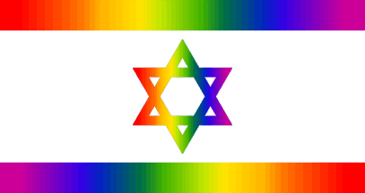 A white flag with a rainbow-graded Star of David at the centre and rainbow-graded bands along the top and bottom edges.