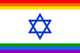 A white flag with a large blue Star of David at the centre, three rainbow bands along the top edge and three along the bottom.