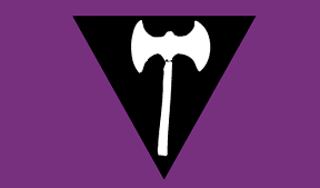 A small, low-resolution violet flag graphic with a black inverted triangle and a white double-headed axe, 288 by 169 pixels.
