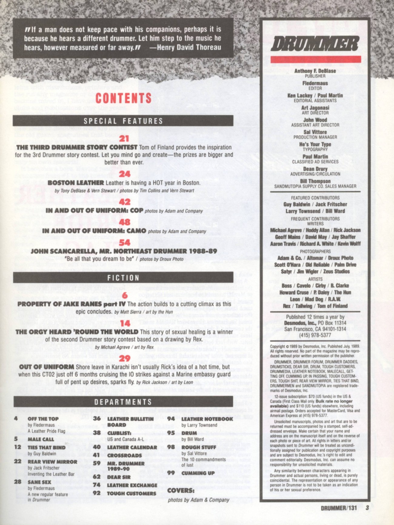 Contents page of Drummer issue 131, listing 'OFF THE TOP by Fledermaus — A Leather Pride Flag' at page 4, beside the masthead crediting Anthony F. DeBlase as publisher and Fledermaus as editor.
