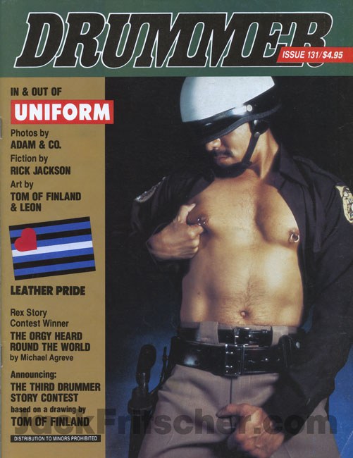 Cover of Drummer issue 131, July 1989: a man in police uniform, with a sidebar listing the issue's contents that includes an image of the leather pride flag captioned LEATHER PRIDE.