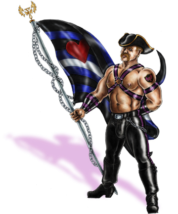 A colour illustration of a muscular white leatherman in a tricorne hat, a purple-trimmed leather harness, leather trousers, chaps and boots, standing with one hand on his hip. In the other hand he holds a tall chained staff flying the Leather Pride Flag, its black, blue and white stripes and red heart clearly drawn. The staff is topped by a gold winged finial. A lilac shadow falls behind him.
