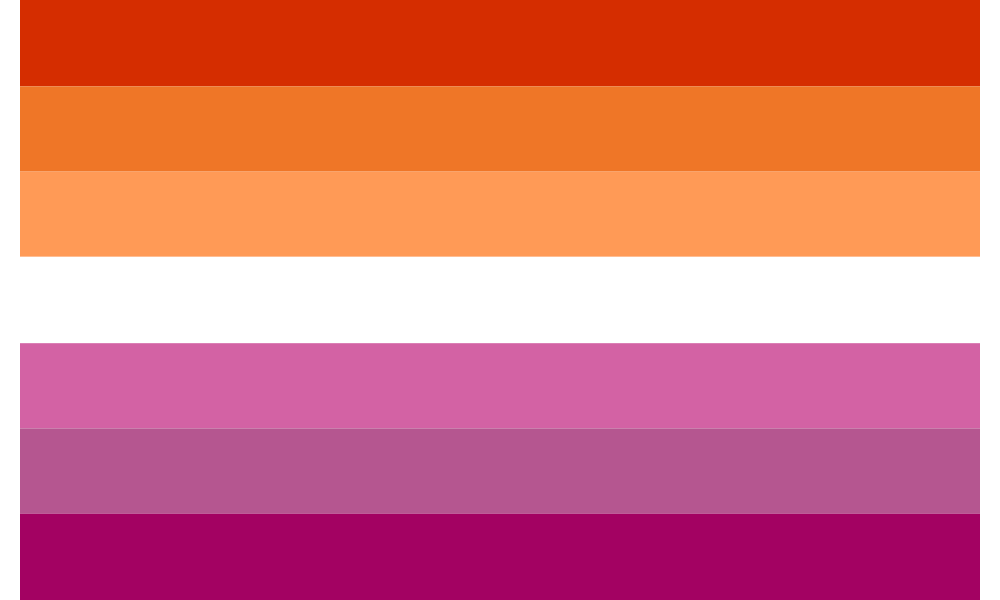 The Lesbian Flag: five horizontal stripes in dark orange, light orange, white, pink and dark rose.
