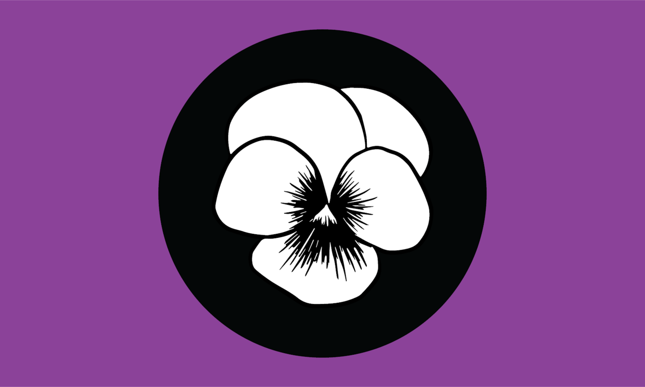 A plain purple field with a white pansy, black-outlined, on a black disc at the centre.