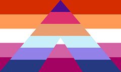 Lesbian Lesboy Ally Flag: five horizontal stripes charged with an open A-shaped striped mark.