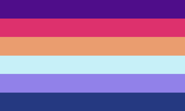 Eleven horizontal bands running from deep violet through magenta, rose and peach to pale cream, then pale blue, periwinkle and dark navy.