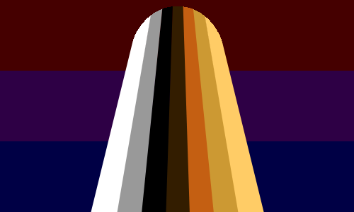 The Longhair Pride Flag: red, purple and blue horizontal bars with a central seven-coloured fall, rounded at the top, in white, grey, black, brown, red hair, blonde and platinum.