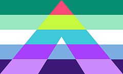 Gay Mspec Gay Ally Flag: five horizontal stripes charged with an open A-shaped striped mark.