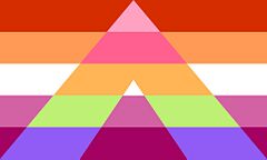 Lesbian Mspec Lesbian Ally Flag: five horizontal stripes charged with an open A-shaped striped mark.
