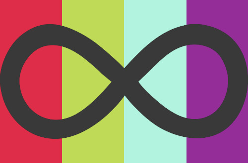 The neurogender flag as first published: four vertical stripes in red, yellow-green, pale mint and purple, crossed by a large charcoal infinity symbol.