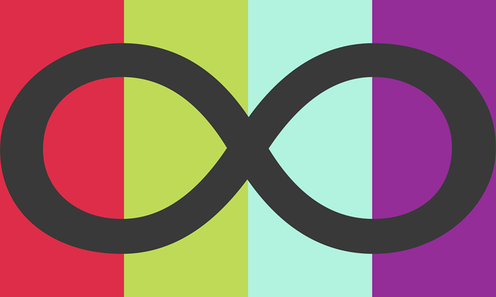 The neurogender flag: four vertical stripes in red, yellow-green, pale mint, and purple, crossed by a large charcoal infinity symbol.