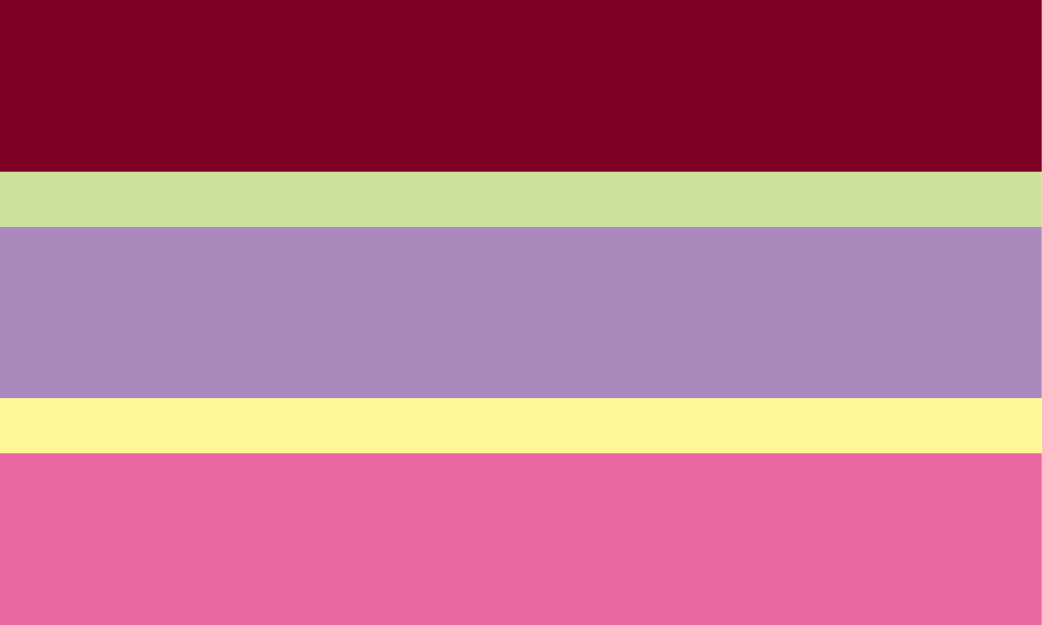Creator-approved line-fixed redraw of the Non-Girl Lesbian Flag, with three equal-height wide bands and equal-height narrow sage and yellow bands.