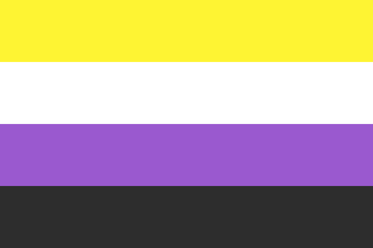 Four equal horizontal stripes: yellow, white, purple and dark grey.