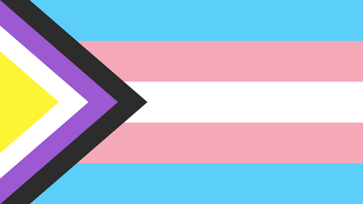 Nonbinary Trans Flag by cirrus42: five light-blue, pink, white, pink, and light-blue horizontal stripes overlaid at the hoist with a nested yellow, white, purple, and dark-gray chevron.
