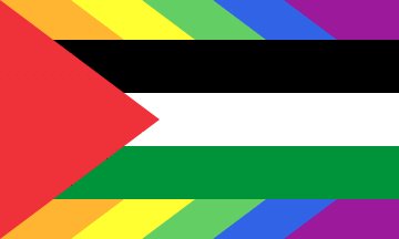A diagrammatic rendering of the design with slanted rainbow stripes above and below the black, white and green bands.