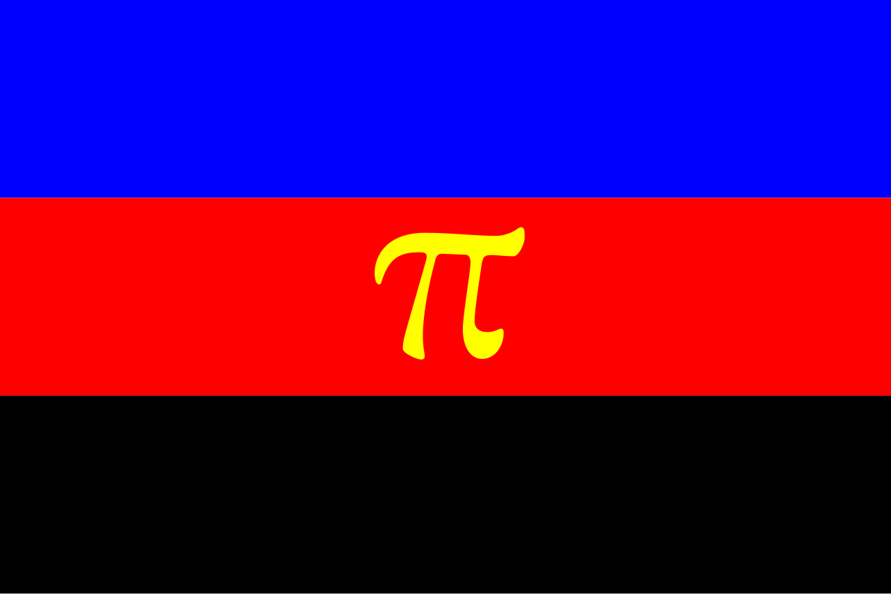 Three equal horizontal stripes, blue over red over black, with a gold lowercase Greek pi centred on the red stripe.