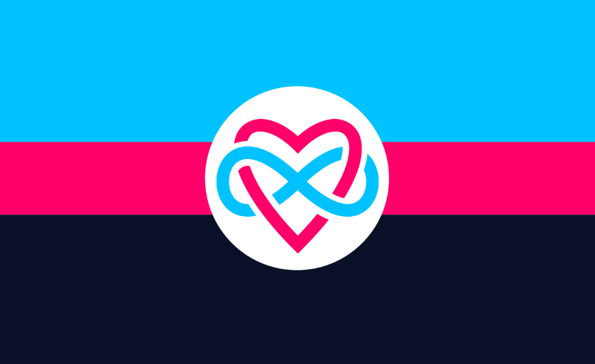 Three stripes, cyan over magenta over near-black, with a white disc at the centre carrying a magenta heart threaded by a cyan infinity loop.