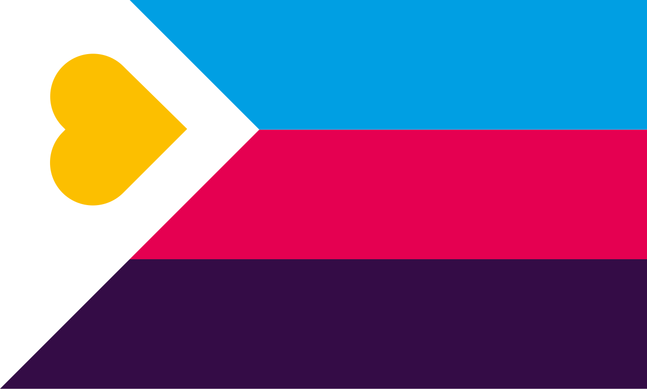 A tricolor of red, blue and purple with an asymmetric white chevron and a gold heart.