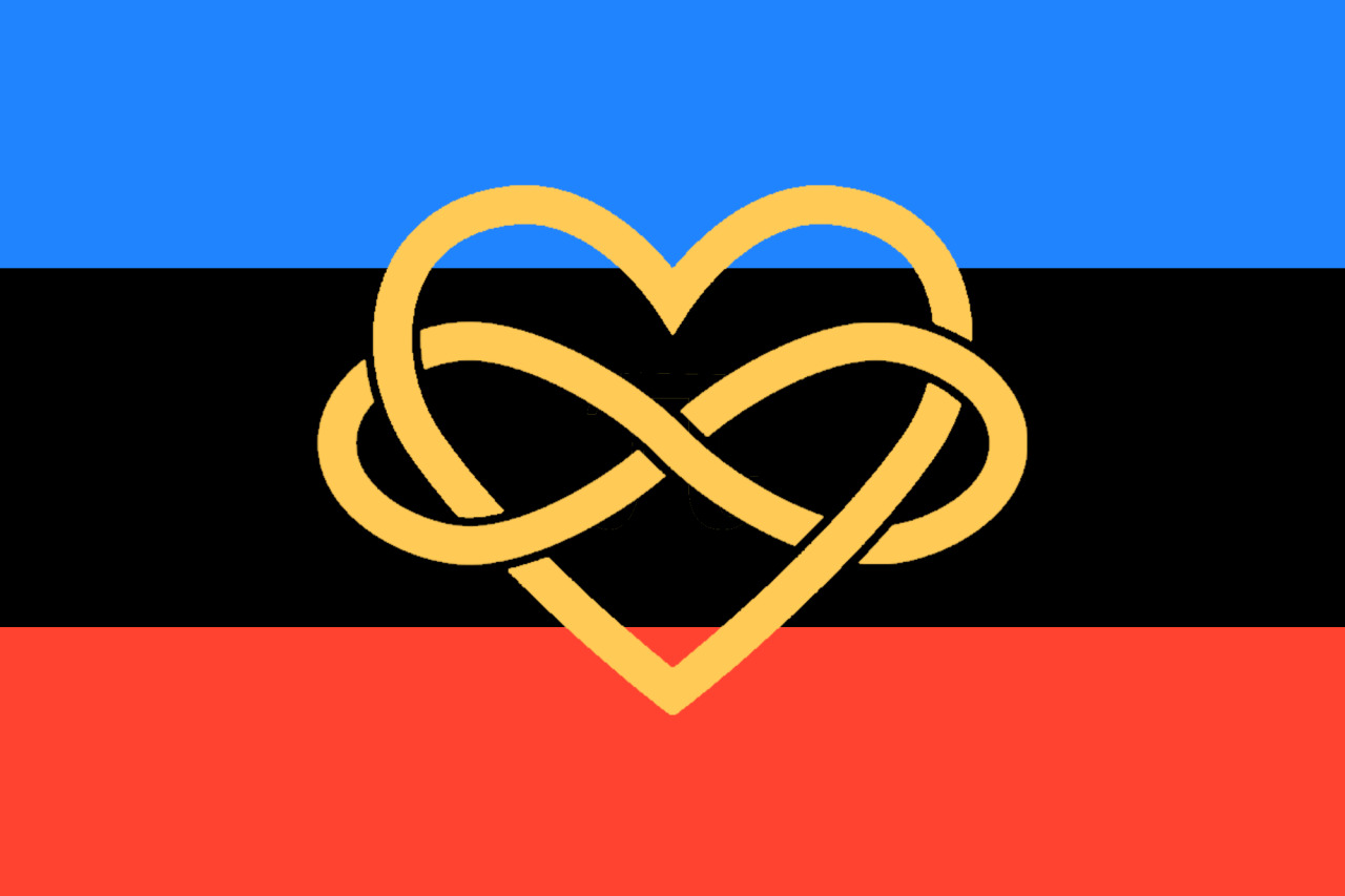 Polyamorous Pride Flag (Monroe / RatLab Art, 2016): three horizontal bands in blue, black and red-orange with a gold infinity heart centred.