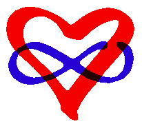 A red outlined heart with a blue infinity loop threaded through it.