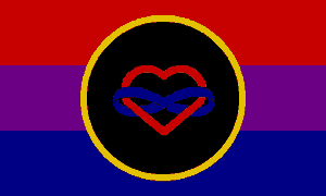 A flag of red, purple and blue horizontal stripes with a black circle ringed in gold at the centre, containing a red heart threaded by a blue infinity loop.