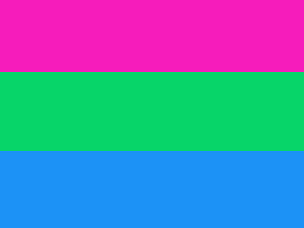 Three equal horizontal stripes in bright pink, green and blue.