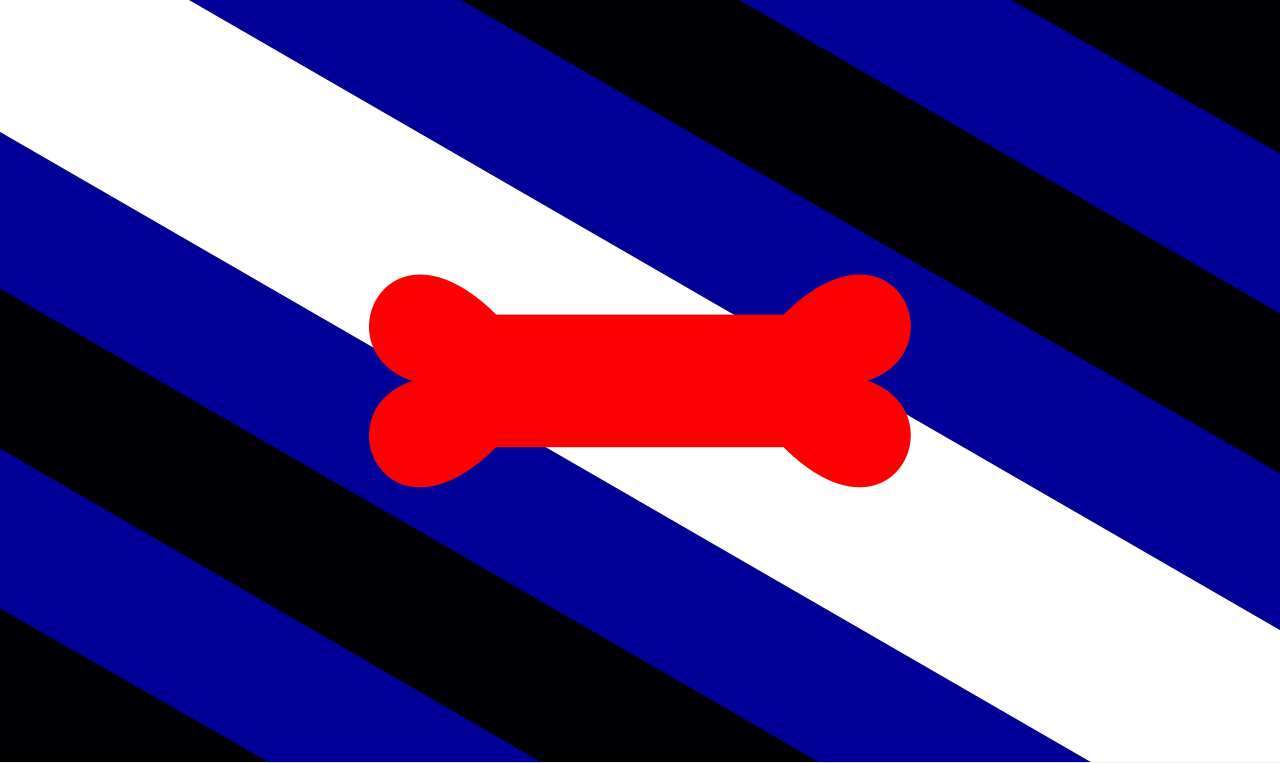 The Puppy Pride Flag as a vector drawing: nine diagonal black, blue and white stripes with a red bone at the centre.