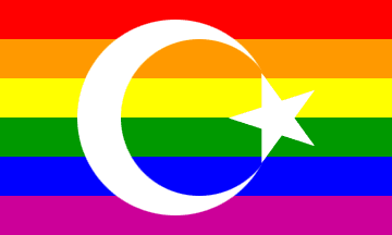 Six rainbow stripes with a large white crescent and star centred over all of them.