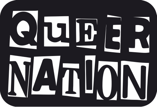 The words QUEER NATION in cut-paper ransom-note lettering, each letter a separate white shape on a near-black rounded rectangle.
