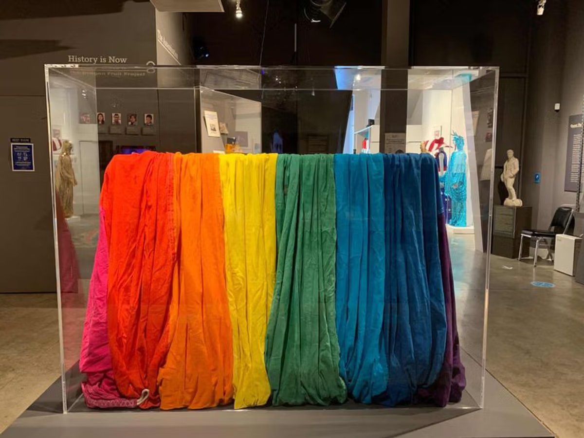 The preserved 10-by-28-foot section of an original 1978 rainbow flag, displayed at the GLBT Historical Society.