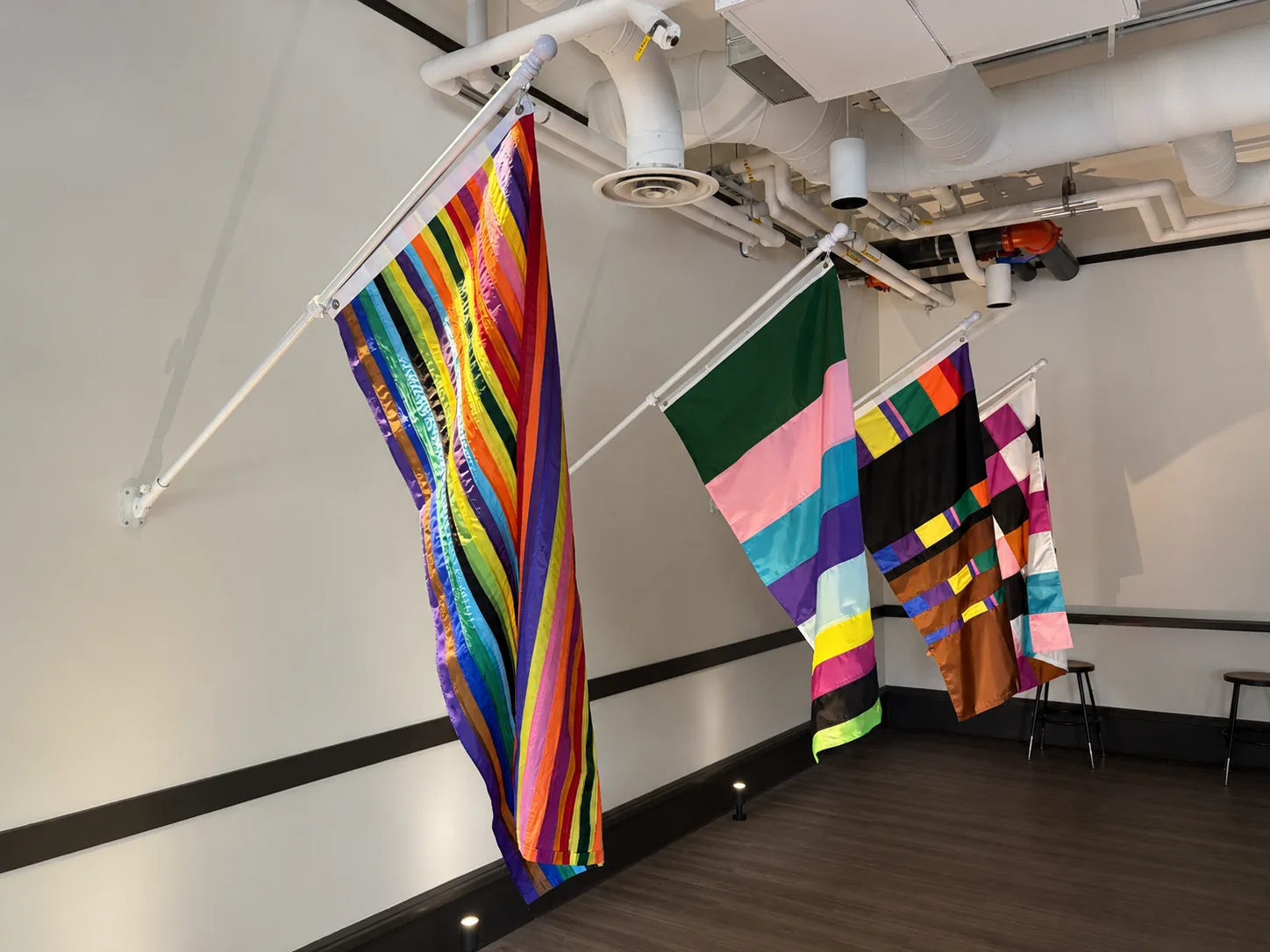 Four reconstructed pride flags from the Flags for Utopia series mounted on angled poles in the Right to Assemble gallery.