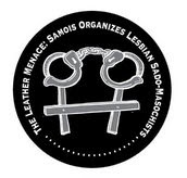 A round black badge rimmed with white capital letters reading THE LEATHER MENACE: SAMOIS ORGANIZES LESBIAN SADO-MASOCHISTS. At the center, drawn in white, two pairs of handcuffs hang side by side from a horizontal bar.