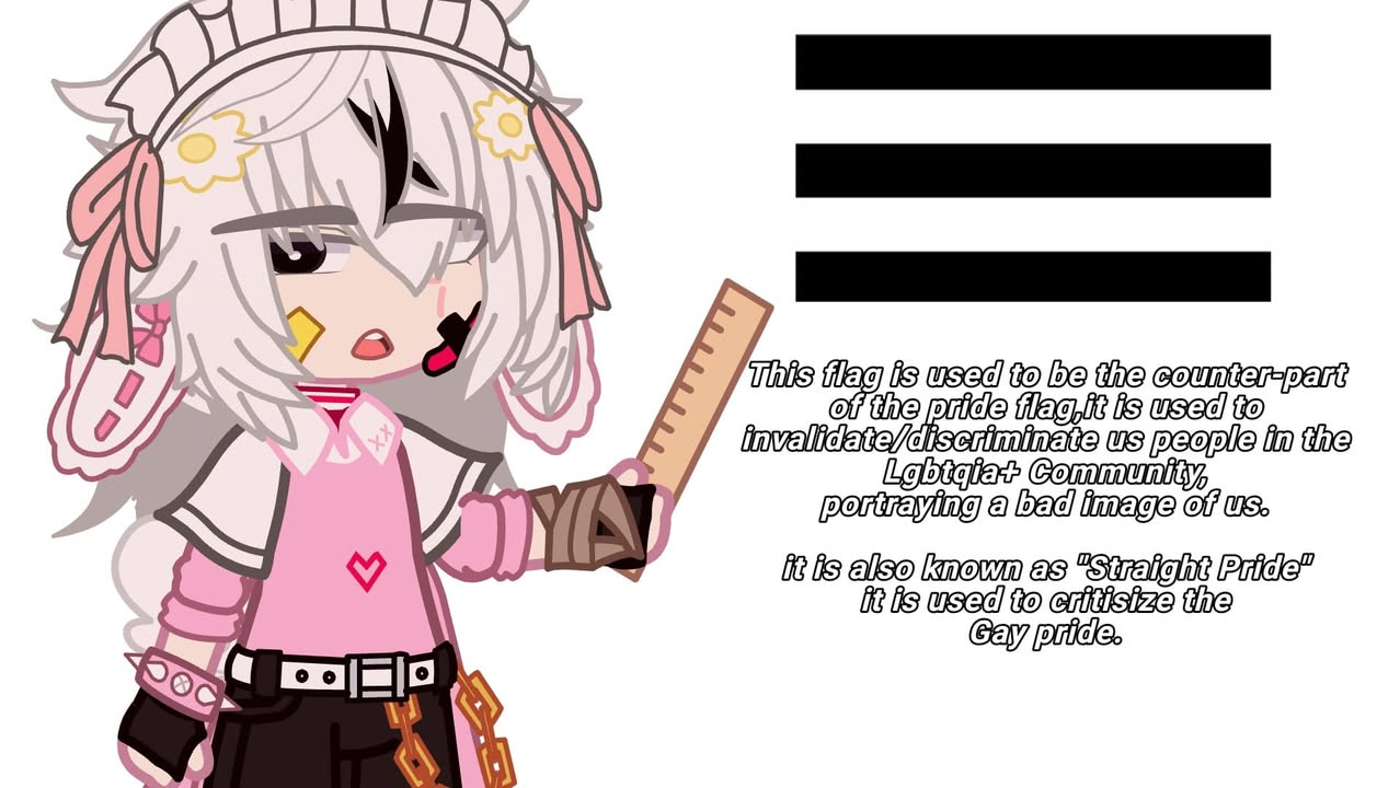 A slide from a social media post. At the left, a pink-and-white cartoon character holds a wooden ruler like a teacher. At the right, three heavy black bars on white stand for the straight flag, above hand-lettered text reading that the flag is used as the counter-part of the pride flag, to invalidate and discriminate against people in the LGBTQIA+ community, and that it is also known as Straight Pride.