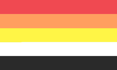 TheJasmineElf's original 2014 flag artwork: five equal horizontal stripes in red, orange, yellow, white, and near-black