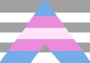 The 2014 Trans Ally Flag: six alternating grey and white horizontal bands charged with a large A carrying five bands in blue, lavender-pink and a pale centre.