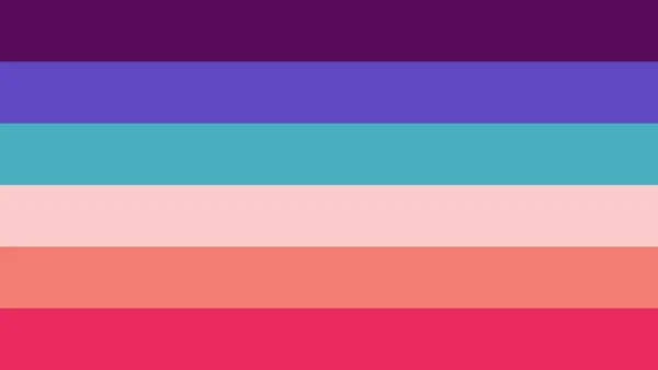 Six horizontal stripes: dark purple, blue-violet, teal, pale pink, salmon and crimson.
