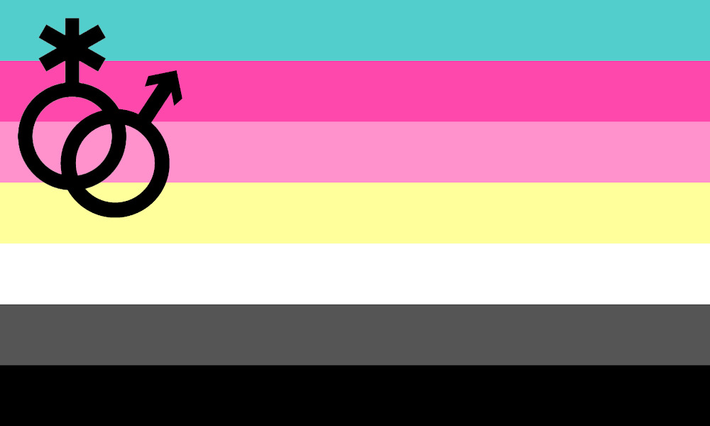 Seven-stripe flag with a nonbinary symbol interlocked with a Mars symbol toward the hoist.