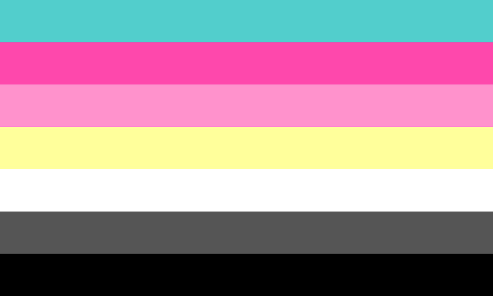 Seven-stripe flag in turquoise, dark pink, light pink, yellow, white, dark grey and black, with no symbol.