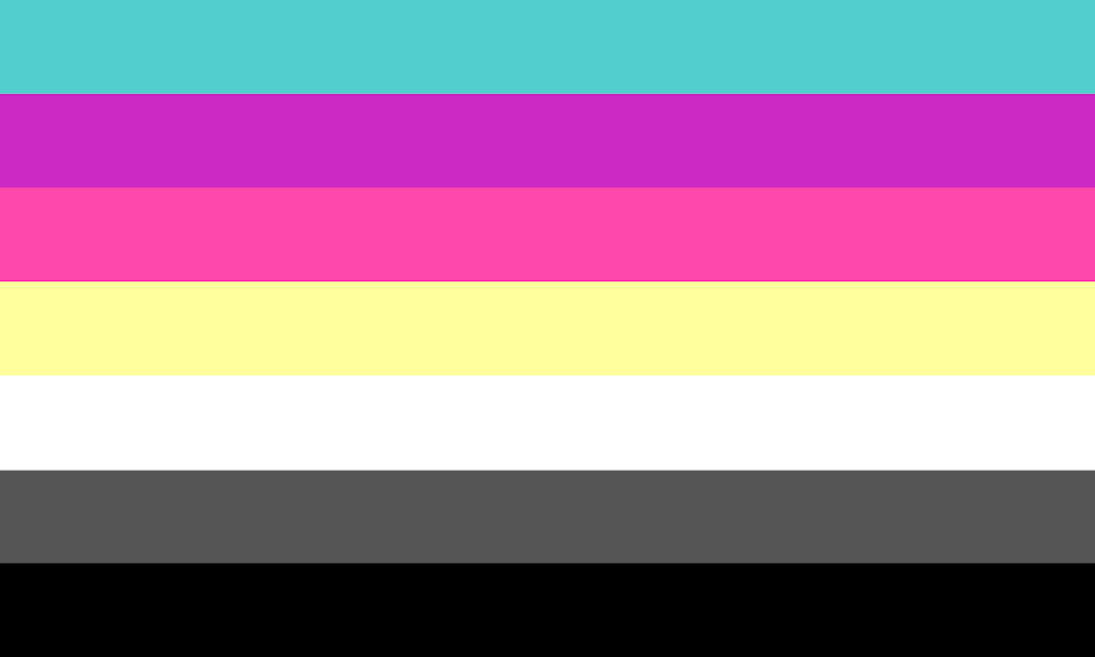Seven-stripe flag in turquoise, purple, dark pink, yellow, white, dark grey and black, with no symbol.