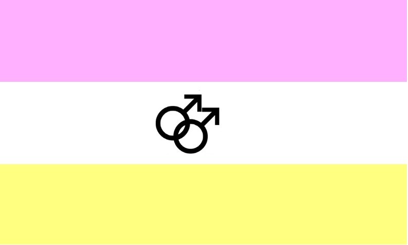 Three equal horizontal stripes, pale pink, white and pale yellow, with two interlocking black male symbols centred on the white stripe.