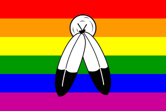 The six-stripe rainbow flag carrying two white feathers with black tips, bound together beneath a white circle, at its centre.