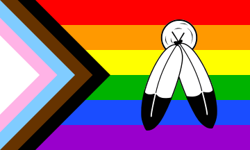A 5:3 digital rendering of the Progress Pride Flag with a regularized feather-and-circle device centred on the field.