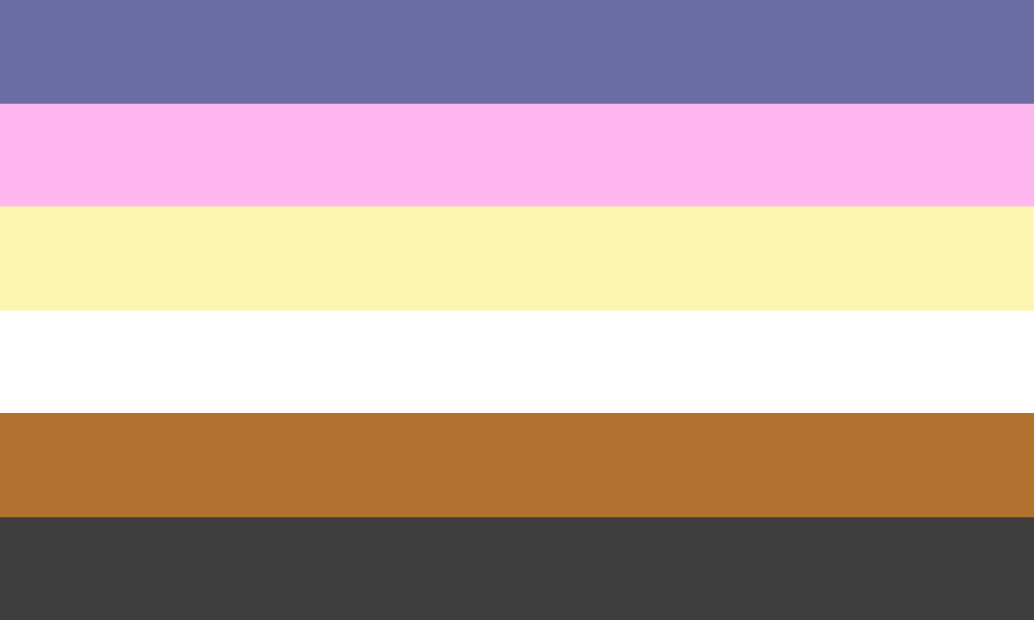 Six equal horizontal stripes in slate purple, pink, pale yellow, white, brown and dark gray, with no symbol.