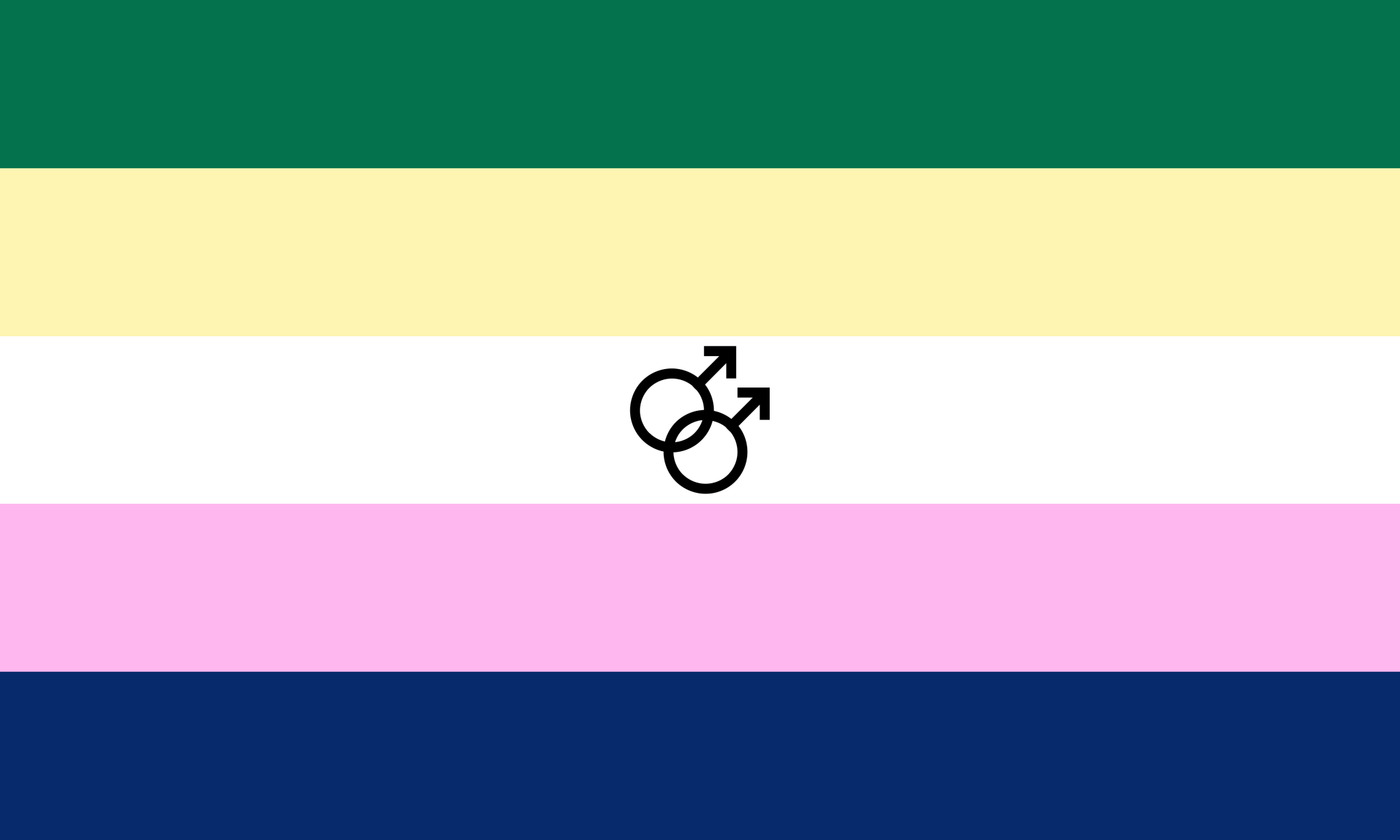 Five horizontal stripes, green, pale yellow, white, pink and navy, with a black interlocking double-Mars symbol centred on the white stripe.